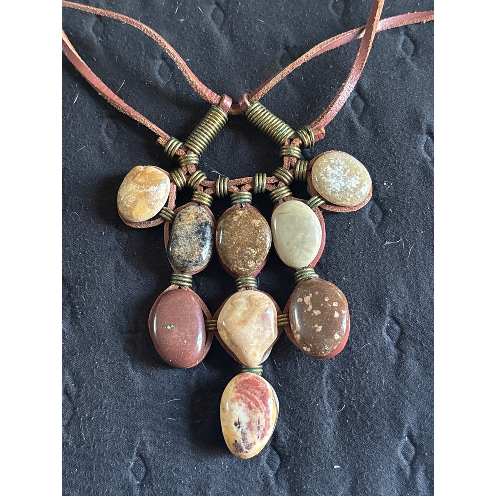 Boho Leather Wrapped Jasper Stone Pendant Necklace Artisan Natural Earthy Rustic